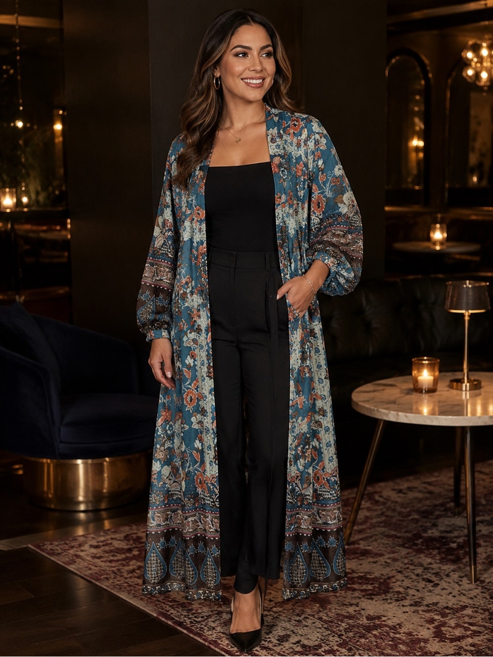 Umgee Teal Floral Boho Maxi Kimono Duster Size Medium
